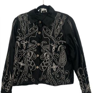 Travel‎ Collection Vintage Embroidered Silk Blend Black Jacket w/ buttons size M